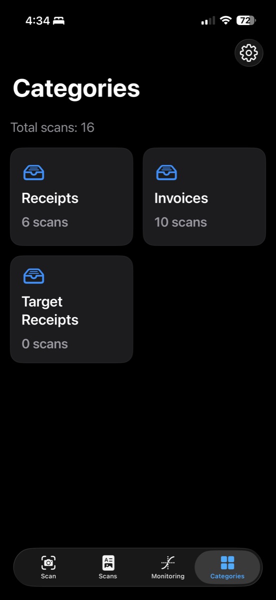 Categories menu showing document categories and scan counts.