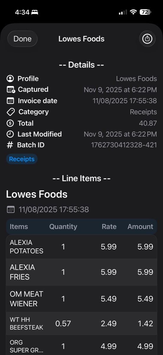 Individual invoice preview showing extracted fields and a line item table.