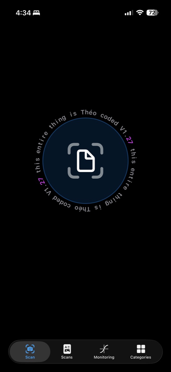 Scan screen with shutter button and bottom navigation.