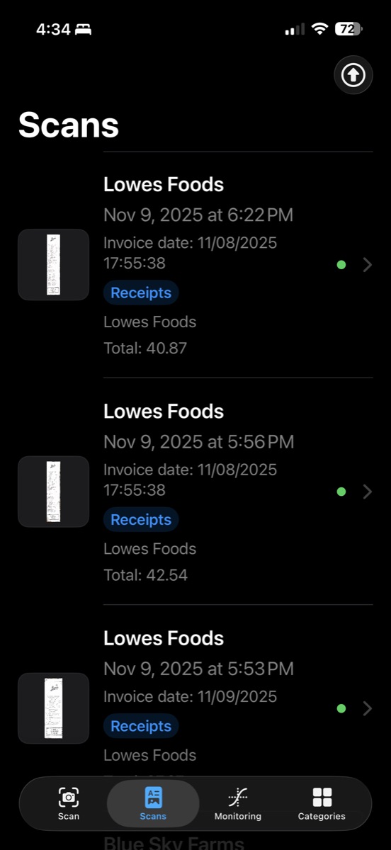 Scans page showing a list of captured invoices and receipts.